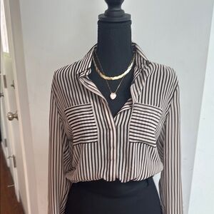 LOFT Black and White Notched Collar Button Down Shirt